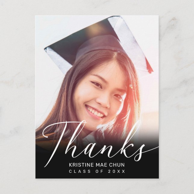 Graduation Photo Modern Script Black Thank You Postcard (Front)