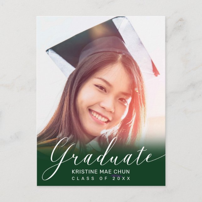 Graduation Photo Modern Script Green Invitation Postcard (Front)