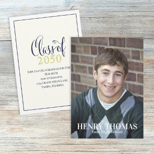Graduation Photo Modern Script Minimal Navy Gold Invitation