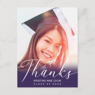 Graduation Photo Modern Script Purple Thank You Postcard