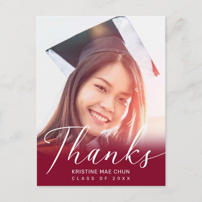 Graduation Photo Modern Script Red Thank You Postcard (Front)