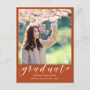 Graduation Photo Modern White Script Orange 2021 Announcement Postcard