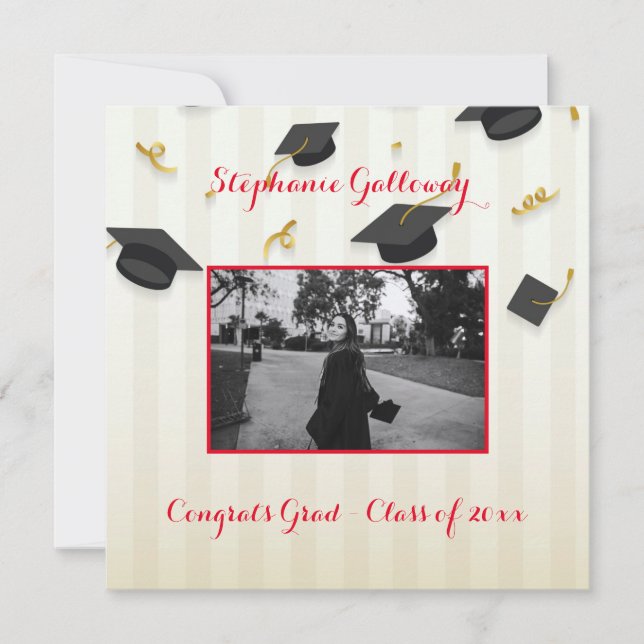 Graduation Photo Mortar Boards Monogram Text Announcement (Front)