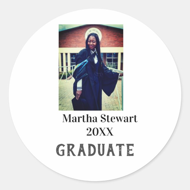 Graduation photo name year class university simple classic round sticker (Front)