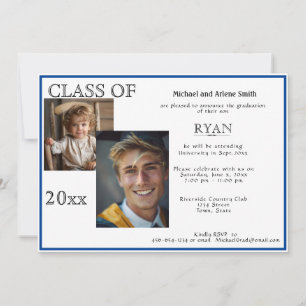 Graduation Photo Navy Blue & White Invitation