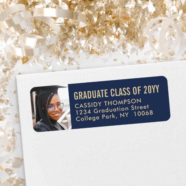 Graduation Photo Navy & Gold Modern Return Address (Creator Uploaded)