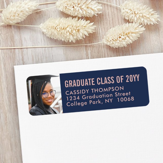 Graduation Photo Navy & Pink Modern Return Address (Creator Uploaded)