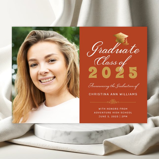 Graduation Photo Orange Gold Script  Class of 2024 Announcement (Elegant Orange Photo Graduation Announcement with Gold and White Typography)