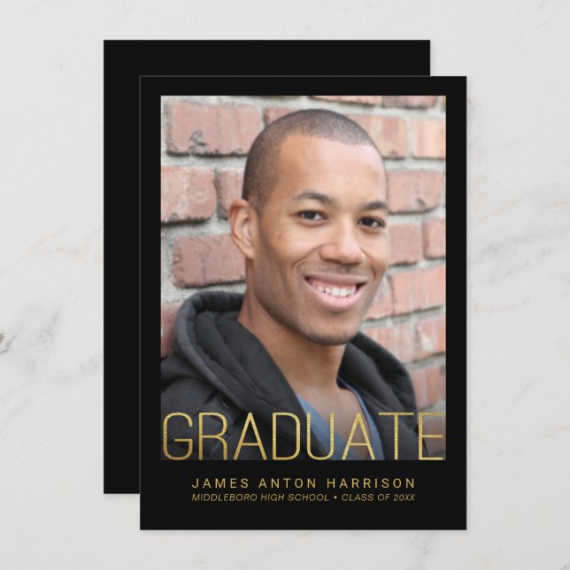 Graduation Photo Party Announcement Faux Gold Foil (Front/Back)