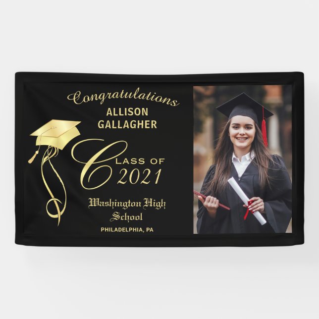 Graduation Photo Party Banner with Gold Cap (Horizontal)