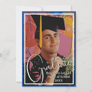 Graduation Photo Personalised Note Blue and White Invitation