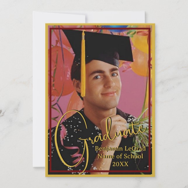 Graduation Photo Personalised Note Maroon and Gold Invitation (Front)