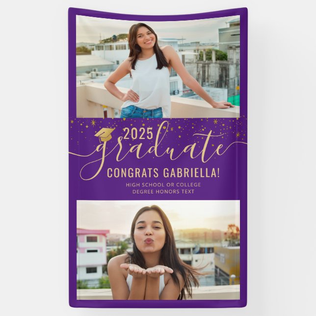 Graduation Photo Purple Gold Confetti Banner (Vertical)