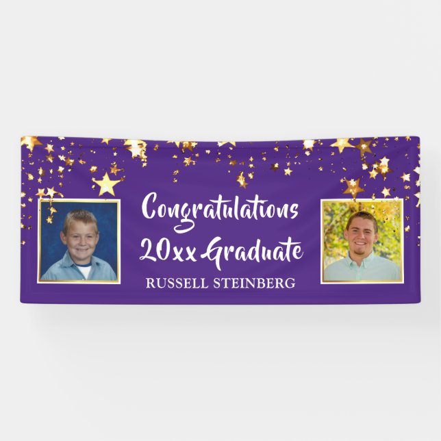 Graduation Photo Purple Gold Stars Personalised Banner (Horizontal)