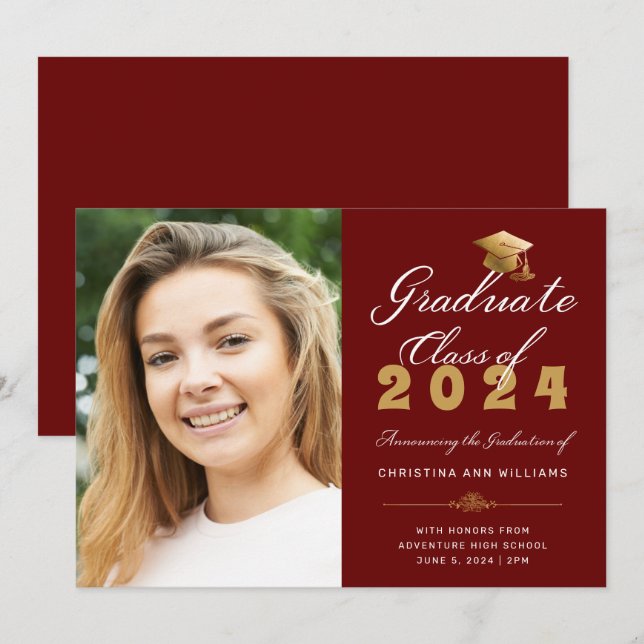 Graduation Photo Red Gold Script  Class of 2023 Announcement (Front/Back)