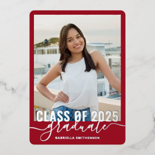 Graduation Photo Red Silver Foil Announcement Card