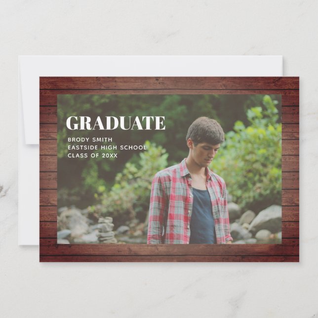 Graduation Photo Rustic Wood Plank Invitation (Front)
