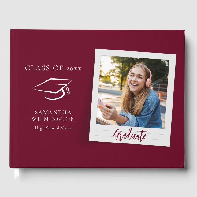 Graduation Photo Script Grad Party Burgundy Guest Book (Front)