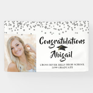 Graduation Photo Silver Confetti Brush Script Banner