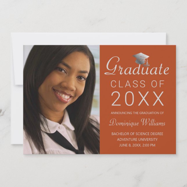 Graduation Photo Silver Grad Cap Script Orange Announcement (Front)