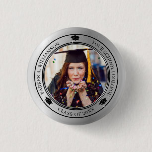 Graduation Photo Silver Tone Grad Cap Class Year 3 Cm Round Badge