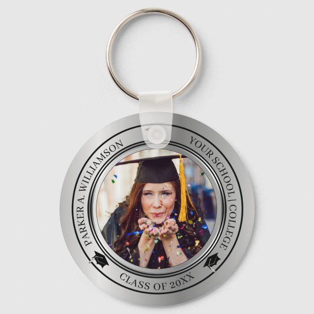 Graduation Photo Silver Tone Grad Cap Class Year  Key Ring (Front)