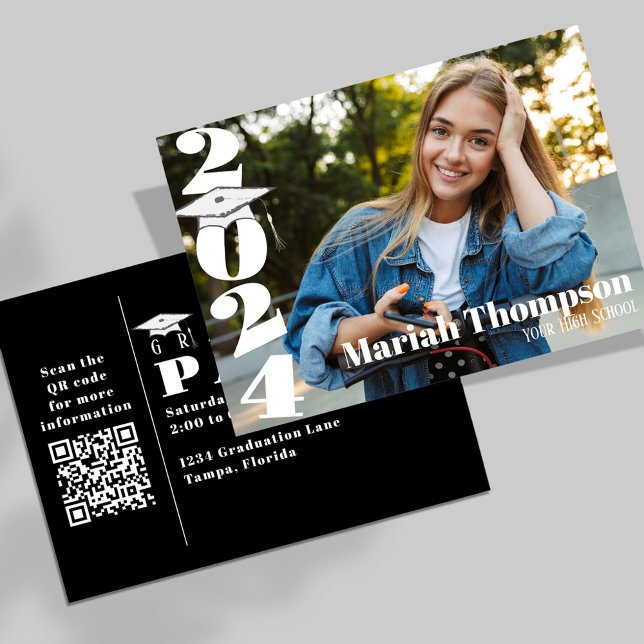 Graduation Photo Simple Black Class Of 2023 QR Invitation (Graduation bold and bright modern style photo invitation. )