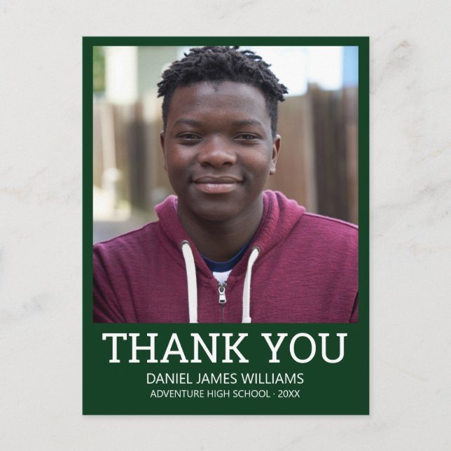 Graduation Photo Simple  Green Thank You Postcard (Front)