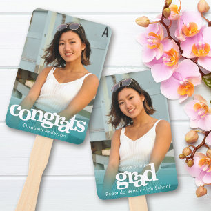 Graduation photo simple modern aqua blue keepsake hand fan