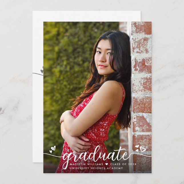 Graduation Photo Simple Modern Calligraphy Hearts Announcement (Front/Back)