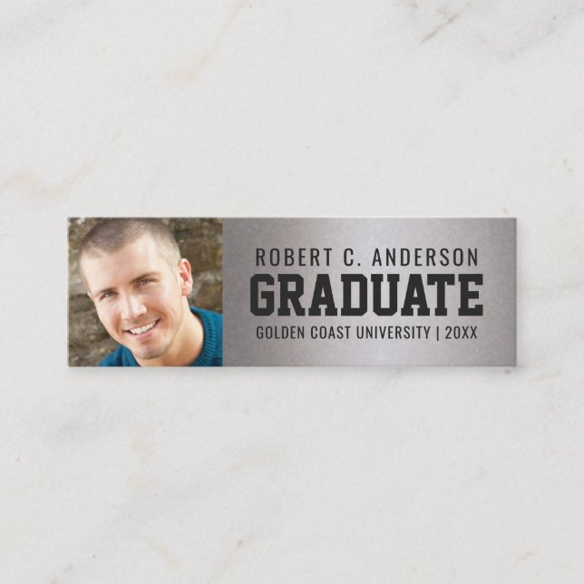 Graduation Photo Sporty Name Card Faux Silver Foil (Front)