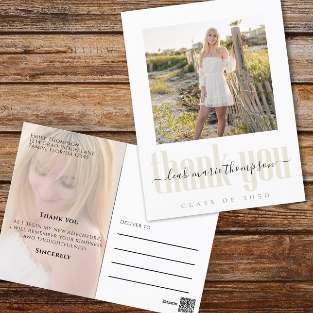 Graduation Photo Template Gold Typography Script Postcard (Elegant Graduation photo thank you a postcard with a 2 photo template. )