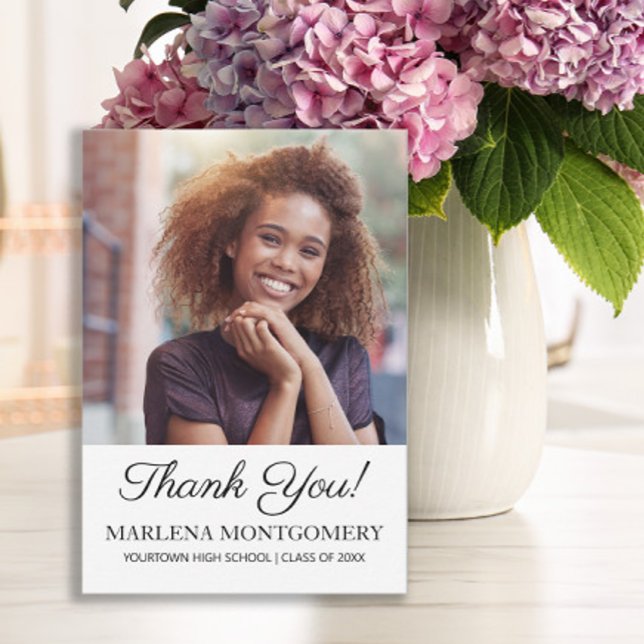 Graduation Photo Thank You Elegant Script White Card (Graduation photo "Thank you" card)