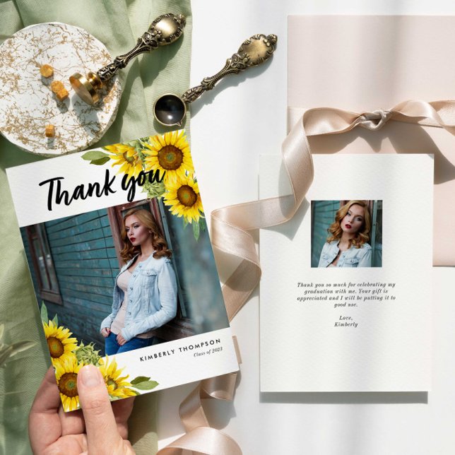Graduation Photo Thank you Sunflower Script Card (Creator Uploaded)