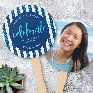 Graduation photo turquoise script on navy keepsake hand fan