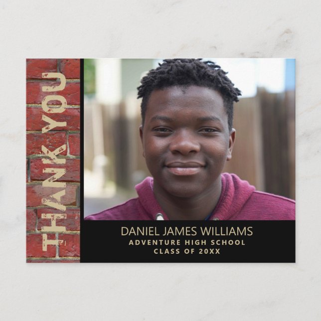 Graduation Photo Urban Red Brick Thank You Postcard (Front)