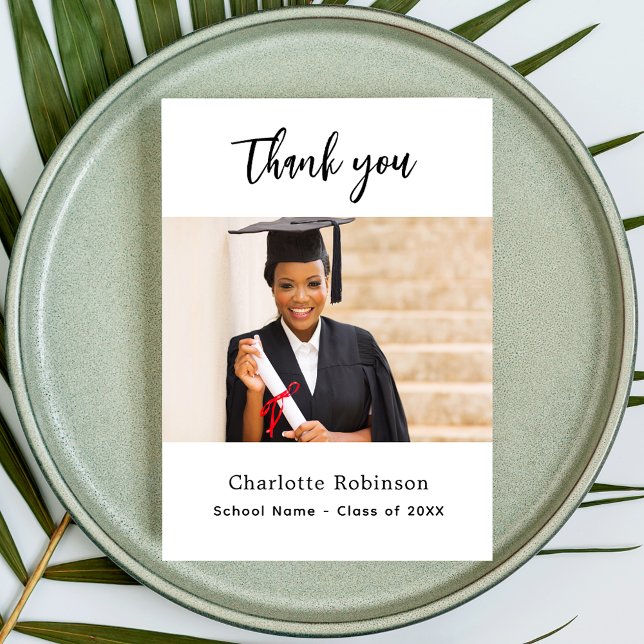 Graduation photo white elegant thank you card (Creator Uploaded)