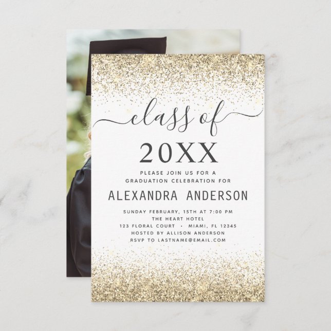 Graduation Photo White Gold Class of 2022 Invitati Invitation (Front/Back)