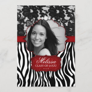 Graduation Photo Zebra Lace Invitation Black Red