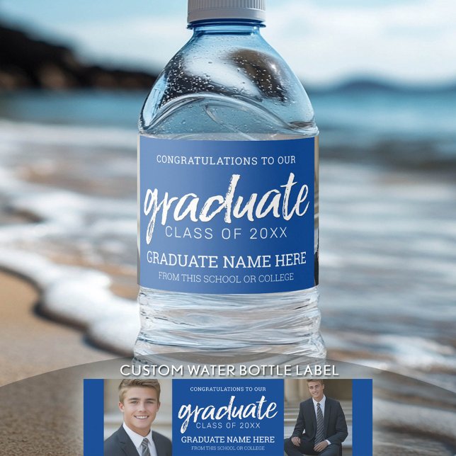 Graduation Photos Graduate with Royal Blue Virtual Water Bottle Label (Custom Graduation Water Bottle Label)