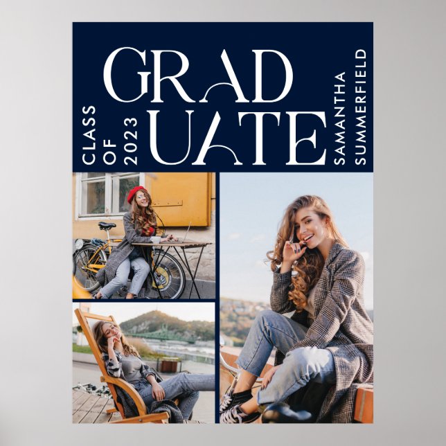 Graduation Photos Navy Blue White Graduate 2025 Poster (Front)