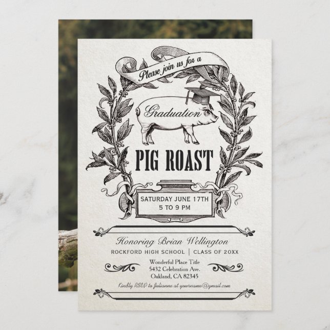 Graduation Pig Roast Invitations - Supreme Vintage (Front/Back)