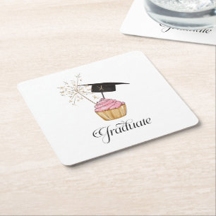 Graduation Pink  Cupcake Graduate Square Paper Coaster