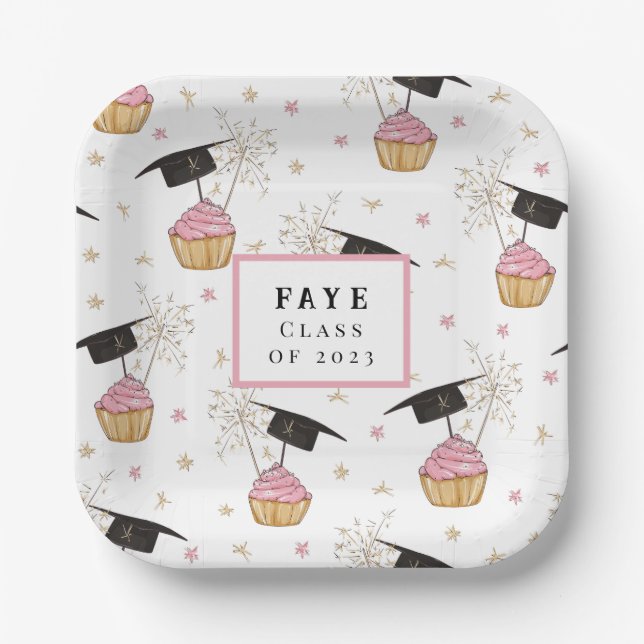Graduation Pink Cupcake Personalised Paper Plates (Front)