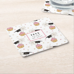 Graduation Pink Cupcake Personalised Square Paper Coaster