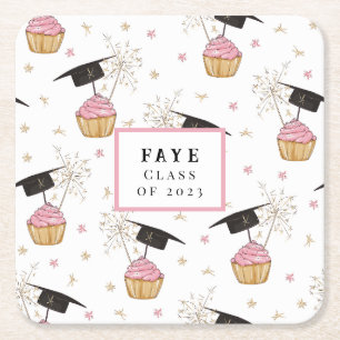 Graduation Pink Cupcake Personalised Square Paper Coaster