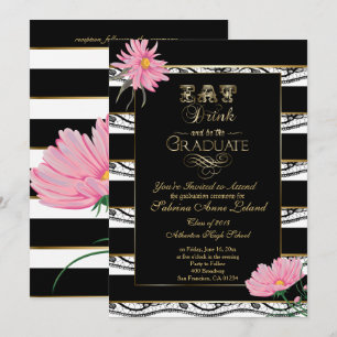 Graduation Pink Daisies Black Lace White Stripes Invitation