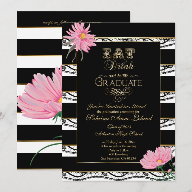 Graduation Pink Daisies Black Lace White Stripes Invitation (Front/Back)