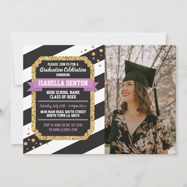 Graduation Pink Gold Photo Stripe Glitter Invite (Front)