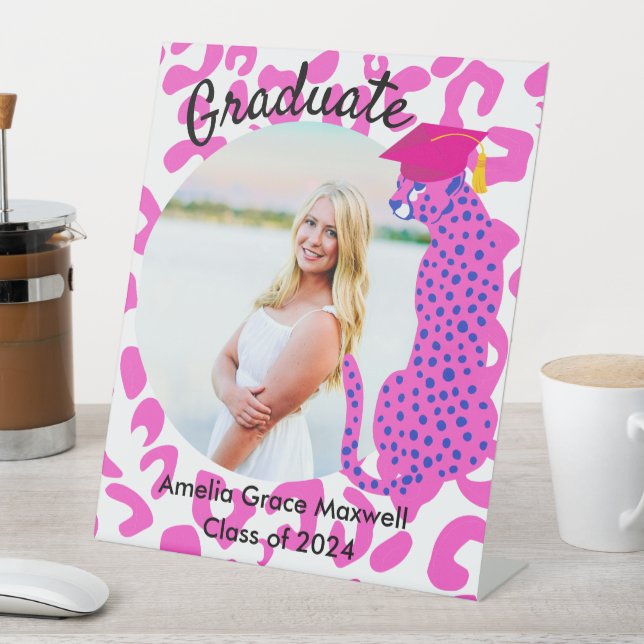 Graduation Pink Leopard Photo Pedestal Sign (In SItu)